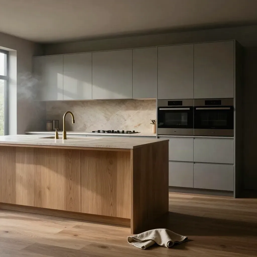 Moody kitchen installation with oak island, stone worktops and brass tap in rain-lit morning haze.