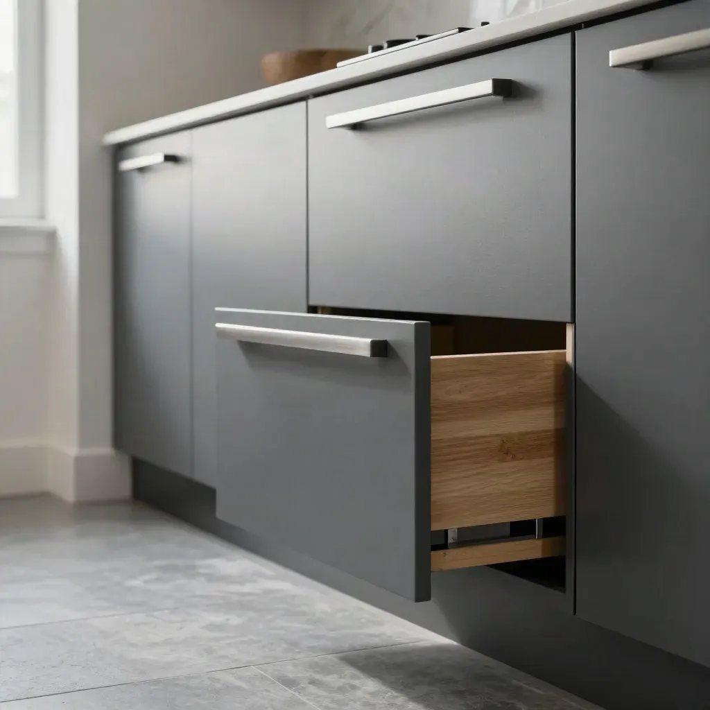 Fresh charcoal fitted kitchen fronts and a spotless appliance bay in a bright rental refresh.