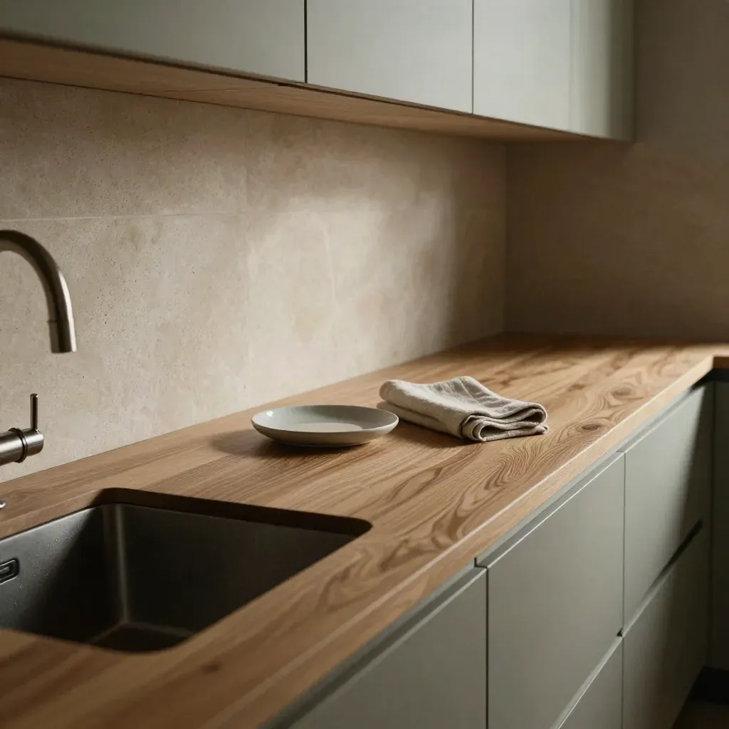 Completed fitted kitchen with oak worktop, undermount sink and brushed tap.