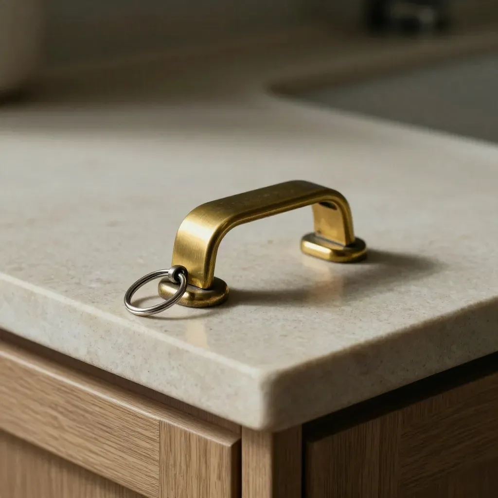 Brass cabinet catch, door buffers and key ring on a stone countertop in soft directional light.