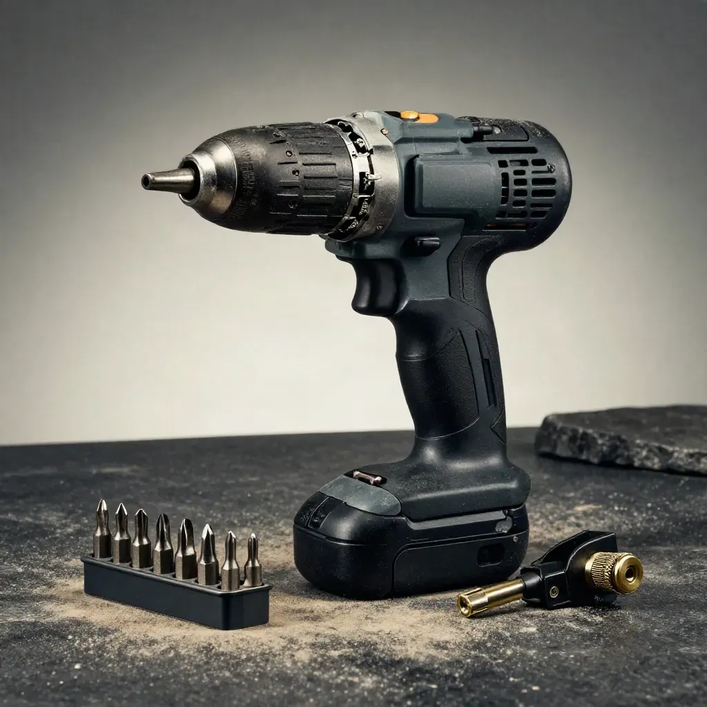 Impact driver, hinge, bits and corner clamp arranged on a dark workbench in soft light.